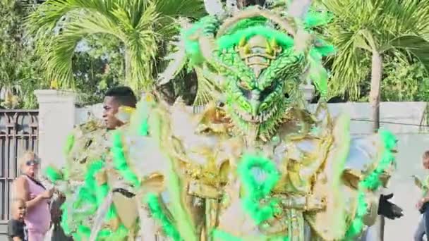 Человек в зеленом и золотом костюме демона на ежегодном доминиканском карнавале — стоковое видео