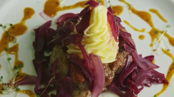 Vista macro de pedaços de carne frita com purê de batata e cebola vermelha fatiada — Vídeo de Stock