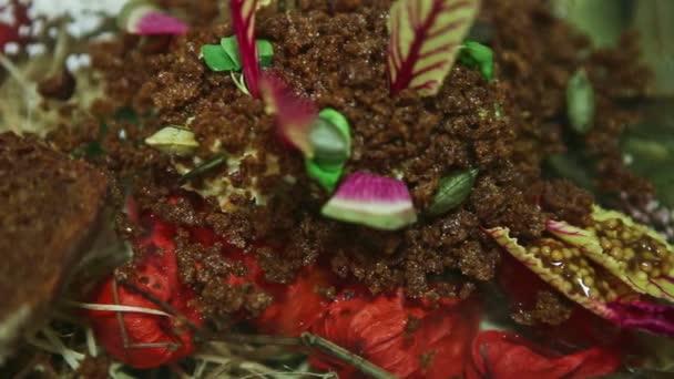 Closeup focus out from crumbled dark bread and sliced radish — Stock Video