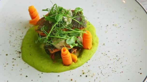 精美装饰的烤鲑鱼片 配以蔬菜 胡萝卜 在圆圆的餐盘上旋转 宏观视图 — 图库视频影像
