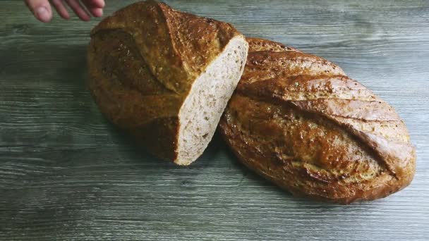 Woman Hand Take Away Half Oblong Wheaten Bread Covered Honey — 비디오