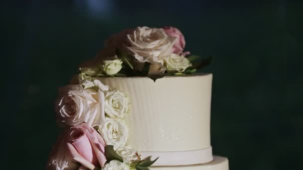 Крупним Планом Панорама Вниз Смачний Чотириярусний Весільний Торт Рожевими Білими — стокове відео