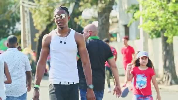 Personas con ropa brillante caminan por la calle dominicana en el evento anual de carnaval — Vídeos de Stock