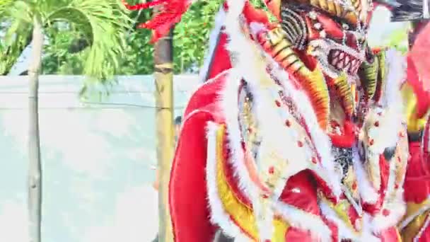 Primer plano de la gente en trajes de demonio caminar en la calle dominicana de la ciudad en el carnaval anual — Vídeos de Stock