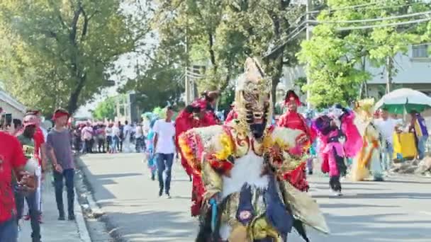 Люди в ярких костюмах прогуливаются по улице доминиканского города на карнавальном ежегодном мероприятии — стоковое видео