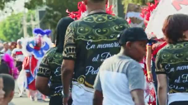 Parlak renkli kostümlü insanlar Dominik şehir caddesinde yıllık karnavalda yürüyorlar. — Stok video