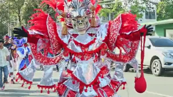 Man in colorful demon costume poses for photo at dominican annual carnival — 비디오