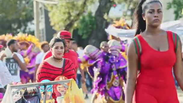 Personas con ropa brillante y disfraces de carnaval caminan por la calle de la ciudad en el evento anual — Vídeos de Stock