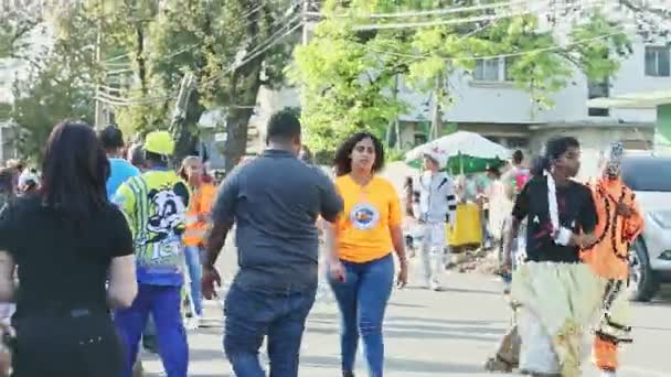 People in colorful clothes walk on dominican city street at annual carnival event — Stock Video