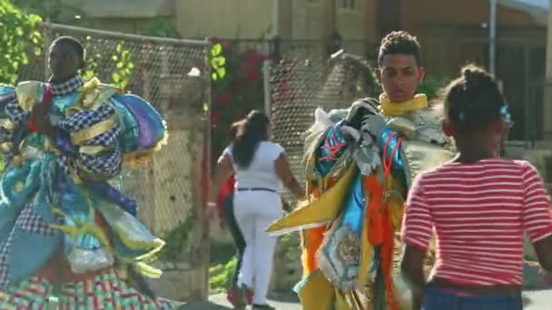 ドミニカ共和国のコンセプト 2019年2月24日 カラフルなカーニバルの衣装を着た少年たちが2月24日に毎年恒例のイベントでドミニカ共和国の街を歩くコンセプト — ストック動画