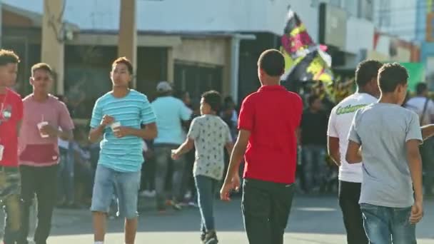 コンセプト ドミニカ共和国 2019年2月24日 カラフルな服を着た若者が2月24日の伝統的なカーニバルで街を歩くコンセプト — ストック動画