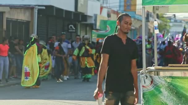 考え方デ ドミニカ共和国 2月24 2019 バリアントカーニバルの衣装を着たドミニカの市民は 2月の24で毎年恒例のパレードで街を歩く概念デ — ストック動画