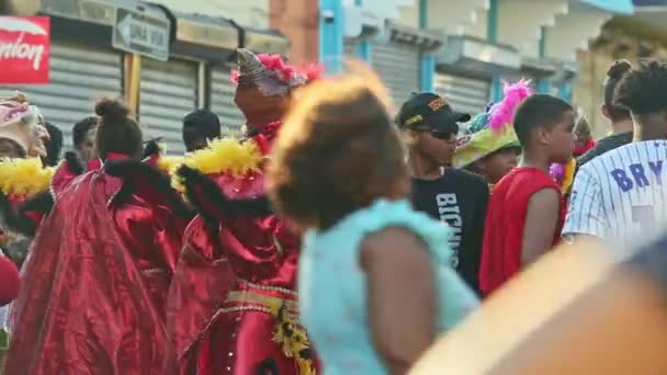 コンセプト ドミニカ共和国 2019年2月24日 様々なカーニバルの衣装を着た人々が 2月24日にドミニカ共和国の毎年恒例のパレードで街の路上に立つコンセプト — ストック動画