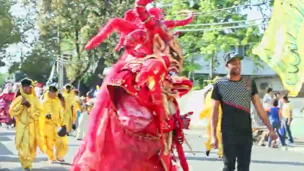 Citizens in varied carnival costumes walk on dominican city street at annual parade — ストック動画