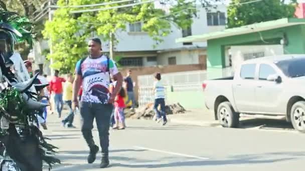 Humanos en vívido disfraz de mascarada posan para la foto en el desfile anual dominicano — Vídeos de Stock