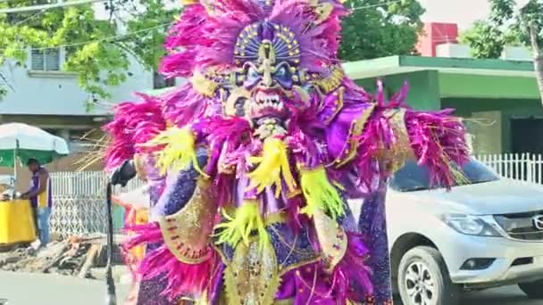 Człowiek w kolorowy kostium maskowy pozować do zdjęcia na Dominican corocznej paradzie — Wideo stockowe