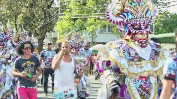 Man in colorful masquerade costume poses for photo on dominican annual carnival — Stok video