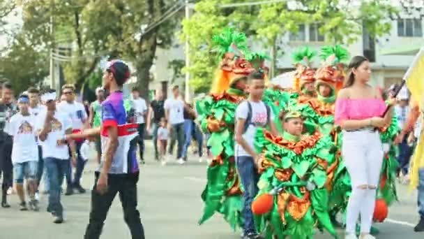 People in sundry carnival costumes walk on dominican city street at annual parade — 图库视频影像