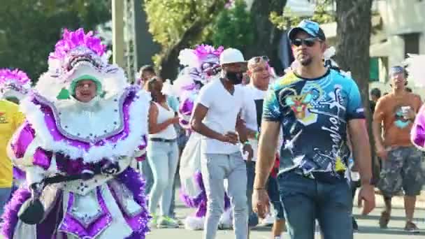 様々なカーニバルの衣装を着た人々が毎年恒例のパレードでドミニカ共和国の街を歩き — ストック動画