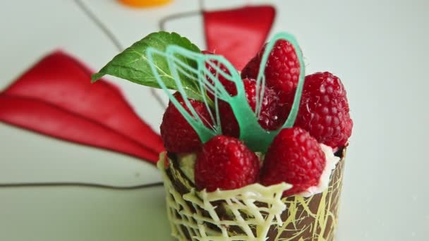 Focus in macro at finely decorated raspberry cream dessert — Stok video