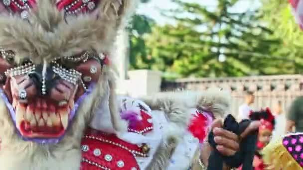 Closeup man in scary wolf demon costume dance on city street at dominican carnival — Stok video