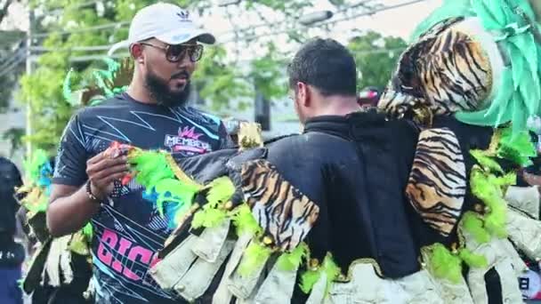 Крупным планом люди в многочисленных карнавальных костюмах прогуливаются по городской улице на Доминиканском фестивале — стоковое видео