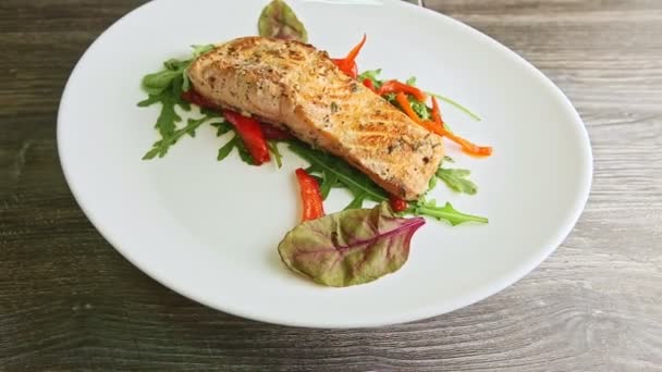Modern plate with roasted salmon fillet with mix salad spin around — Stock Video