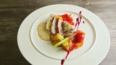 Moda dekore edilmiş ızgara et ve sebzeler tabakta dönüyor