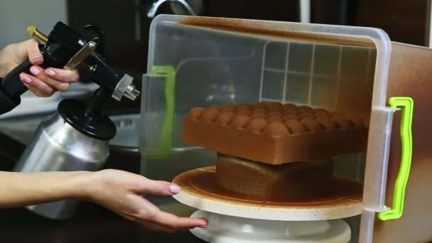 Διαδικασία κάλυψης με υγρό σοκολάτα μοντέρνο σχήμα κρεμώδες κέικ μους — Αρχείο Βίντεο