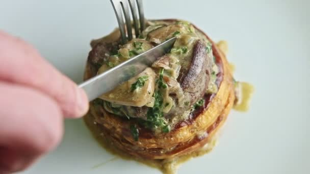 Human hands cut meat and mushrooms julienne by knife and fork — Stock Video