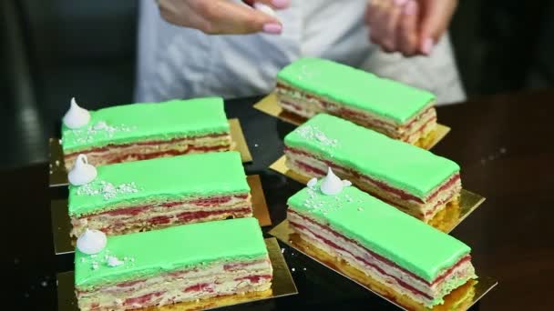 Gros plan mains confiseur décorer avec bizet blanc six tranches de gâteau stratifié — Video