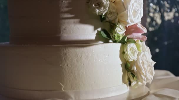 Nahaufnahme-Panorama auf vierstöckiger Hochzeitstorte mit rosa Rosen — Stockvideo