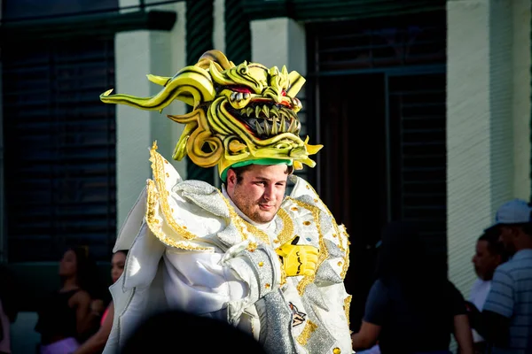 康塞普西翁 德拉维加 多米尼加共和国 2020年2月9日 2月9日在康塞普西翁 德拉维加 身着闪亮服装的特写镜头经过城市街道 参加了多米尼加狂欢节 — 图库照片