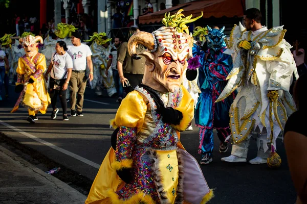 康塞普西翁 德拉维加 多米尼加共和国 2020年2月9日 2月9日在康塞普西翁 德拉维加举行的多米尼加狂欢节上 身着鲜活化装舞会服装的人在城市街道上走过 — 图库照片