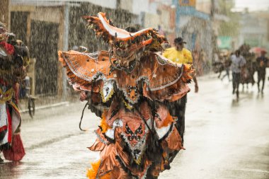 Concepcion De La Vega, Dominik Cumhuriyeti - 11 Şubat 2019: Parlak karnaval kostümü giyen kişi 11 Şubat 'ta Concepcion De La Vega' da Dominik şehir caddesinde şiddetli yağmur altında yürüyor.