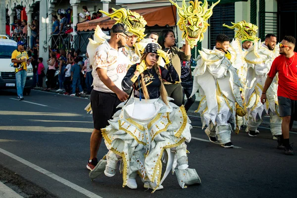 Grupa ludzi w osobliwych kostiumach spaceruje ulicą miasta w Dominican Carnival — Zdjęcie stockowe