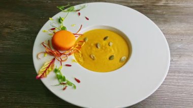 human hand moves deep white with pumpkin cream soup with decoration