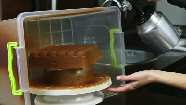 Processus de couverture avec du chocolat liquide forme tendance gâteau mousse crémeuse — Video