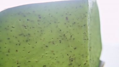 Küçük tabakta dönen bitkilerle büyük bir parça yeşil peynir.