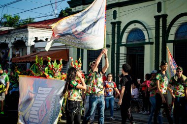 Concepcion De La Vega, DOMINICAN REPUBLIC - FEBRUARY 09, 2020: man carries big bright group flag by city street full of people at dominican carnival on February 9 in Concepcion De La Vega
