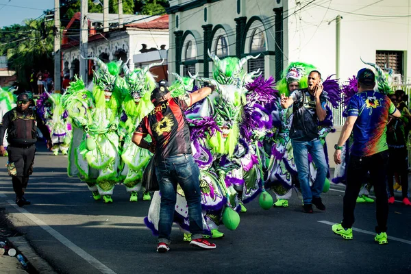 康塞普西翁 德拉维加 明尼苏达州 2020年2月9日 一群身穿鲜艳绿色服装的人在康塞普西翁 德拉维加的多米尼加狂欢节上走过城市街道 — 图库照片