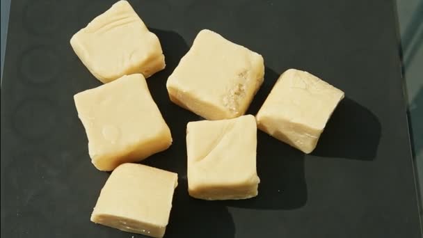 Top View Zoom Big Sliced Cubes White Homemade Marzipan Mass — Stock Video