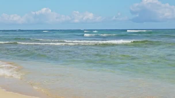 Nuvens fofas brancas fluem acima do oceano azul com muitas ondas — Vídeo de Stock