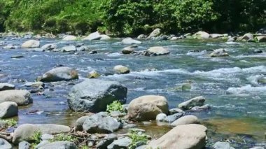Geniş bir dağ nehrinin akıntısı altında büyük taş akıntılarıyla yavaş yavaş panorama.