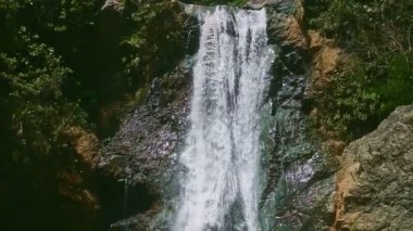 Yakın mesafede, tropikal ormanlardaki karanlık kayalıklarda güçlü bir şelale var.
