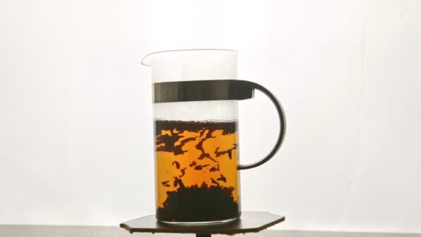Hoge glazen theepot met hete thee draaiend rond op sokkel tegen wit — Stockvideo