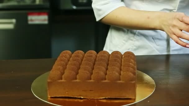 과자를 대접하는 사람 이 유행하는 사각형 초콜릿 크림 무스 케이크를 장식할 준비를 한다 — 비디오