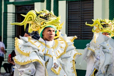 Concepcion De La Vega, DOMINICAN REPUBLIC - FEBRUARY 09, 2020: 9 Şubat 'ta Concepcion De La Vega' da Dominik Karnavalı 'nda şehir sokağından geçen parlak renkli kostümlü genç adamlar