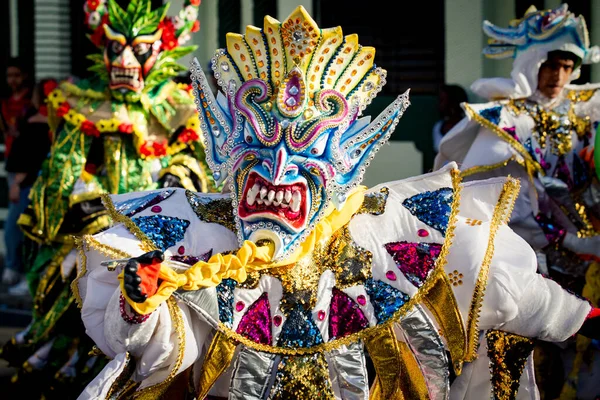 康塞普西翁 德拉维加 明尼苏达州 2020年2月9日 2月9日在康塞普西翁 德拉维加举行的多米尼加狂欢节上 身着不同紧身衣的特写镜头拍照 — 图库照片