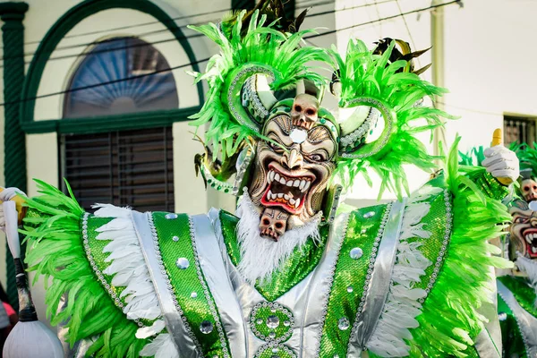 康塞普西翁 德拉维加 明尼苏达州 2020年2月9日 身着华丽绿色服装的人在康塞普西翁 德拉维加的多米尼加狂欢节上摆姿势拍照 — 图库照片